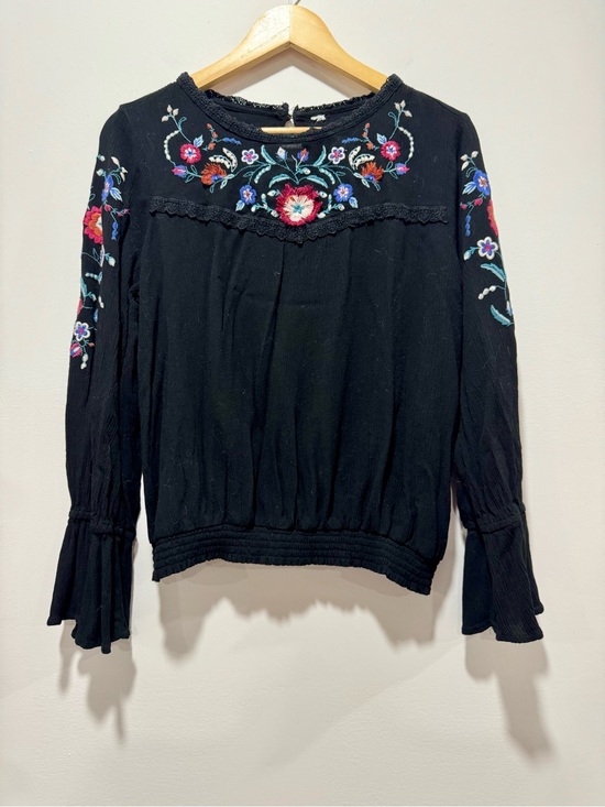 Xhilaration Tops - Boho Black Embroidered Floral Bell‎ Sleeve Blouse Size S